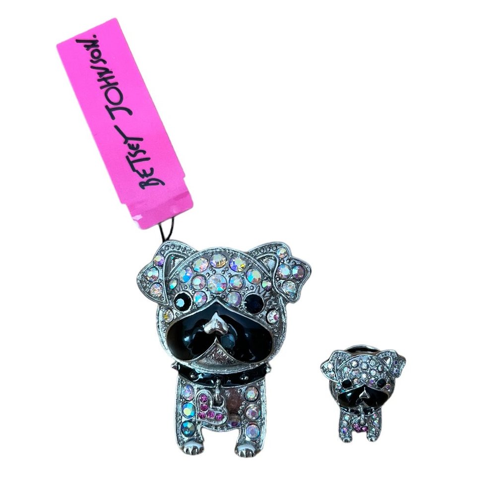 Betsey Johnson Crystal and Black Enamel Silver Tone Bulldog Brooch Pin Set - Picture 2 of 6